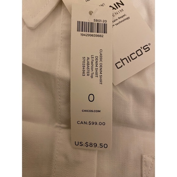 Chico’s NO-STAIN WHITE CLASSIC DENIM SHIRT Sz 0 - Picture 2 of 2